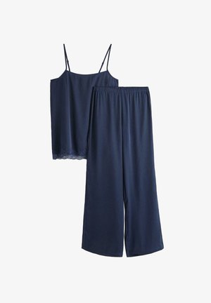 Marineblå to-delt nattøjssæt bestående af en ærmeløs top med blondedetaljer og vidde bukser med elastisk talje. Glat stoftekstur.