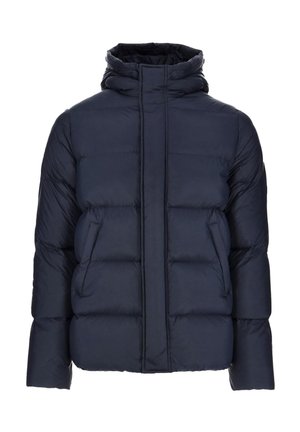 Veste d'hiver matelassée bleu marine avec col montant, fermeture éclair avant recouverte d'une patte avec boutons, et deux poches latérales.
