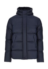 Giacca imbottita navy con colletto alto, chiusura frontale con zip e tasche laterali; presenta sezioni trapuntate per isolação e una texture liscia.
