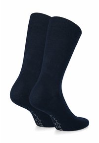 Granatowe skarpetki bawełniane z ribbowym wykończeniem, gładką strukturą i wzmocnionym palcem. Zawierają białe logo na podeszwie, zaprojektowane z myślą o komforcie.