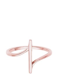 Ring i rosaguld med et minimalistisk design, der indeholder en central lodret stang og krumme åbne ender, som fremhæver en poleret overflade.