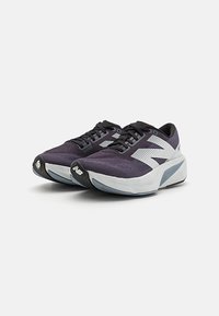 Running shoes featuring a purple and black textile upper, white accents, a cushioned sole, and a textured black rubber outsole.