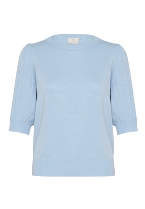 Light blue knitted sweater with short puff sleeves, ribbed accents, and a crew neckline. Soft texture with a relaxed fit.