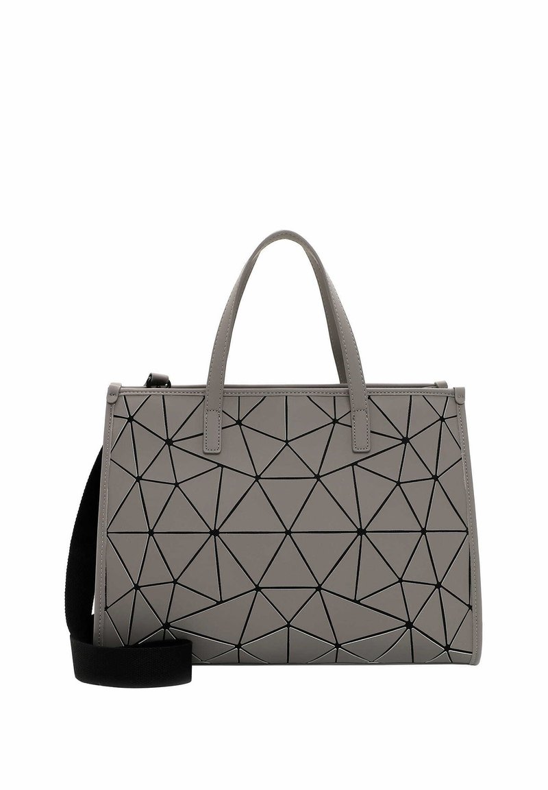 Sac à main gris avec motif triangulaire géométrique noir, deux poignées supérieures et une bandoulière noire attachée, présenté sur fond blanc.