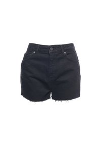 Shorts en denim noir taille haute, avec fermeture à bouton, cinq poches et ourlet effiloché. Le tissu a une texture lisse.