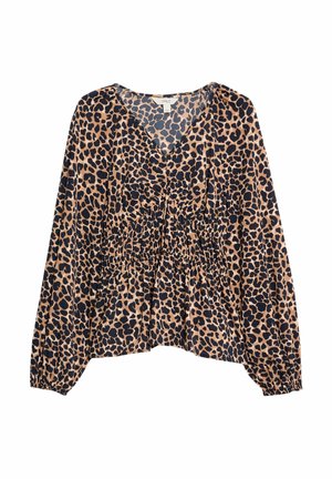 Blusa con stampa leopardata in beige e blu, con scollo a V, vita arricciata e maniche lunghe con polsini elasticizzati. Tessuto morbido.