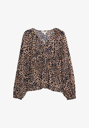 Blouse à imprimé léopard en beige et bleu marine, avec un col en V, une taille froncée et des manches longues avec des poignets élastiques. Texture de tissu lisse.