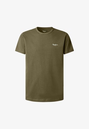 Oliivinvihreä puuvillainen t-paita, jossa pyöreä pääntie, lyhyet hihat ja pieni valkoinen logo rinnassa, sileäpintainen.