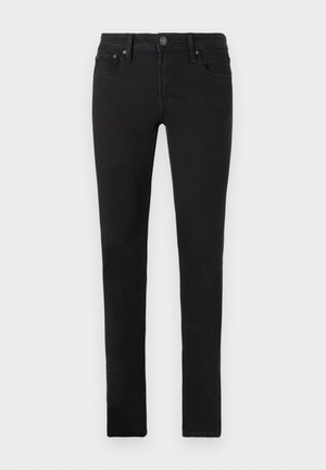 Černé slim fit džíny vyrobené z denimu, s pěti kapsami, zapínáním na knoflík a jemnými švy. Bez viditelných vzorů.