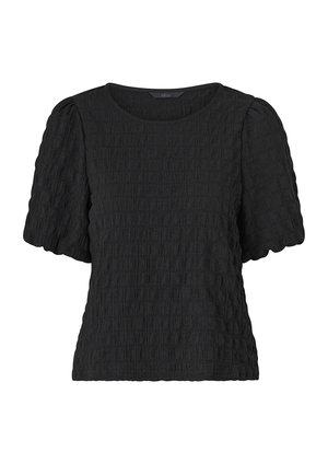 Blouse noire texturée à manches courtes bouffantes et à col rond.