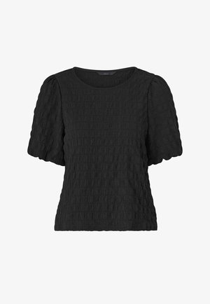 Czarna, teksturowana bluzka z krótkim rękawem, z bufkami i okrągłym dekoltem.