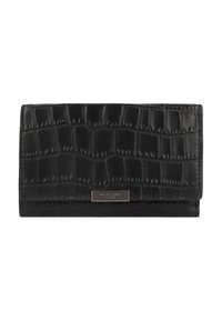 Portefeuille noir avec un motif textured de crocodile, en cuir, présentant un accent logo en argent et un design pliant.