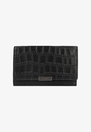 Portefeuille noir avec un motif textured de crocodile, en cuir, présentant un accent logo en argent et un design pliant.