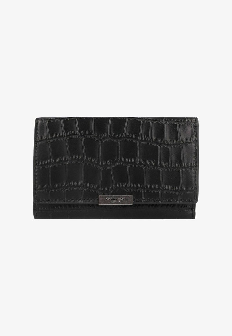 Portefeuille noir avec un motif textured de crocodile, en cuir, présentant un accent logo en argent et un design pliant.