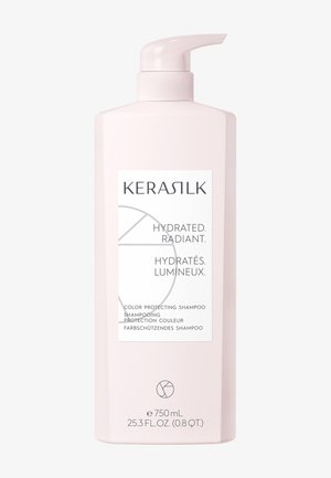 Lichtroze 750ml Kerasilk pompflacon met label kleur beschermende shampoo, gehydrateerd en stralend in het Engels, Frans en Duits.