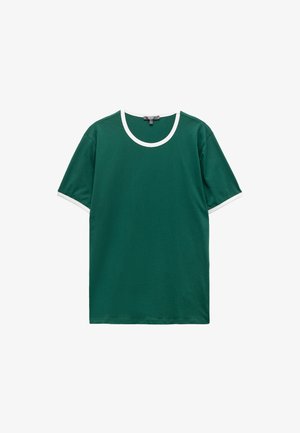 Grøn bomulds t-shirt med en rund hvid krave og matchende ærmekanter. Har en klassisk pasform og en glat tekstur. Enkel design.