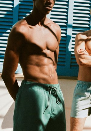 Deux hommes torse nu en shorts de bain se tiennent devant des fenêtres à volets bleus, avec la lumière du soleil projetant des ombres sur eux.