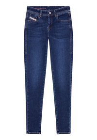Mörkblå denim skinny jeans med en slät yta, fem-ficksdesign och guldstygning. Har en knapp- och dragkedjestängning.