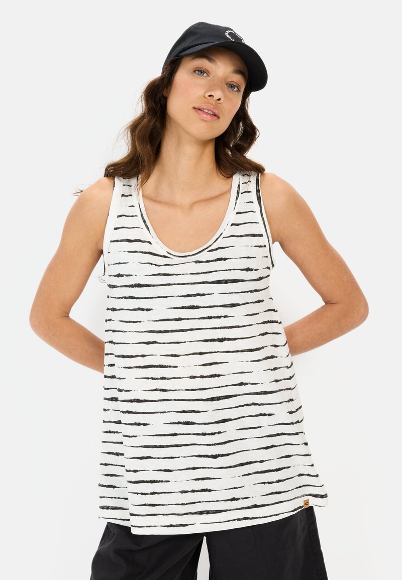Koszulka bez rękawów z lekkiej bawełny, z białą podstawą i czarnymi poziomymi paskami. Okrągły dekolt i luźny krój.