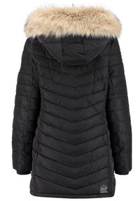 Czarna pikowana zimowa kurtka z kapturem, podszyta beżowym sztucznym futrem, z logo Superdry na dolnej części pleców.