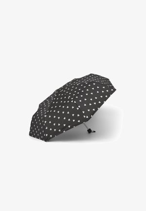 Ombrello nero con motivo stampato di piccoli cuori bianchi, con struttura in metallo e manico in plastica. Design compatto e leggero.