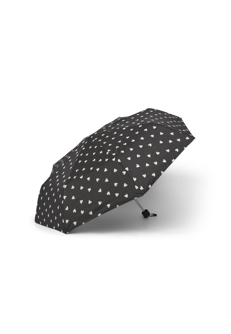 Czarny parasol z nadrukowanym wzorem małych białych serc, z metalową ramą i plastikową rączką. Kompaktowy i lekki design.
