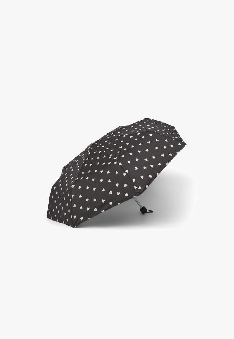 Ombrello nero con motivo stampato di piccoli cuori bianchi, con struttura in metallo e manico in plastica. Design compatto e leggero.