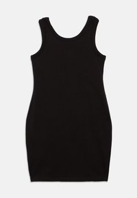 Μαύρο αμάνικο φόρεμα από μαλακό, ελαστικό ύφασμα. Κολακευτική εφαρμογή με στρογγυλή λαιμόκοψη και μήκος μέχρι τη μέση του μηρού. Απλό, χωρίς σχέδια.