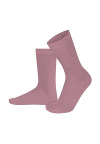Rosa Baumwollsocken mit geripptem Bündchen, mittellanger Höhe, glatter Textur und gleichmäßiger Naht. Sie verfügen über ein klassisches, einfarbiges Design.