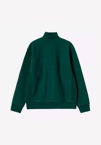 Sudadera verde con cuello alto, mangas largas y un corte relajado. El material parece suave con una textura lisa y detalles de costura sutiles.
