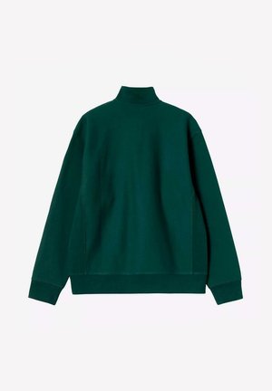 Grüner Sweatshirt mit hohem Kragen, langen Ärmeln und lockerer Passform. Das Material wirkt weich mit einer glatten Textur und subtilen Nähdetails.