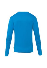 Chemise à manches longues en tissu bleu vif, avec des accents texturés sur les manches et un col rond. Texture lisse sur l'ensemble.