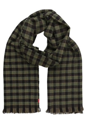 Groen-zwart geruite sjaal met franjes aan de randen, opgevouwen in een losse lus.