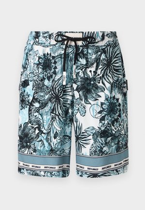 Costumi da bagno da uomo in tessuto blu e bianco con un dettagliato motivo floreale e animale. Presentano un elastico in vita con cordino e banda con logo.