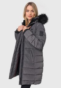 Gray insulated coat with a hood and faux fur trim, featuring a quilted design, front buttons, and side pockets.