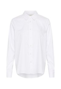 Chemise blanche à manches longues avec boutons, col pointu et manches à poignets, présentée de face sur un fond uni.