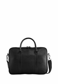 Black leather briefcase with a textured finish, dual handles, detachable shoulder strap, and zippered closure. Rectangular shape.