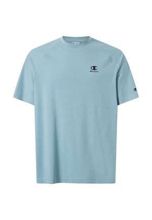 Maglietta di cotone azzurro chiaro con scollo rotondo, maniche corte e un piccolo logo nero sul petto sinistro e sulla manica.