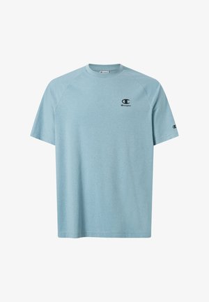 Hellblaues Baumwoll-T-Shirt mit Rundhalsausschnitt, kurzen Ärmeln und einem kleinen schwarzen Logo auf der linken Brust und am Ärmel.