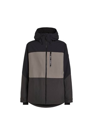 Farbenblockierte Jacke mit schwarzen, grauen und beigen Paneelen, Kapuze, durchgehendem Reißverschluss und Seitentaschen. Hergestellt aus leichtem, strapazierfähigem Stoff.