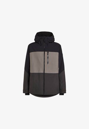 Jakna v barvnih blokih s črnimi, sivo-bež paneli, kapuco, sprednjim zadrgo in stranskimi žepi. Narejena iz lahkega, trpežnega materiala.