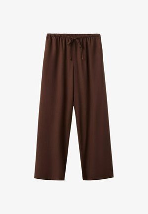Hnedé nohavice s širokými nohavicami, s elastickým pásom a sťahovacou šnúrkou, vyrobené z jemnej látky.