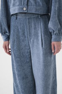 Two-piece outfit in textured blue fabric. The top is cropped with a button detail, and the wide-leg pants feature subtle pleats.