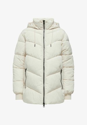 Vit puffjacka med ett chevronmönster, framdragkedja, justerbar huva och svarta dragkedjor i sidofickorna. Mjuk, vadderad.