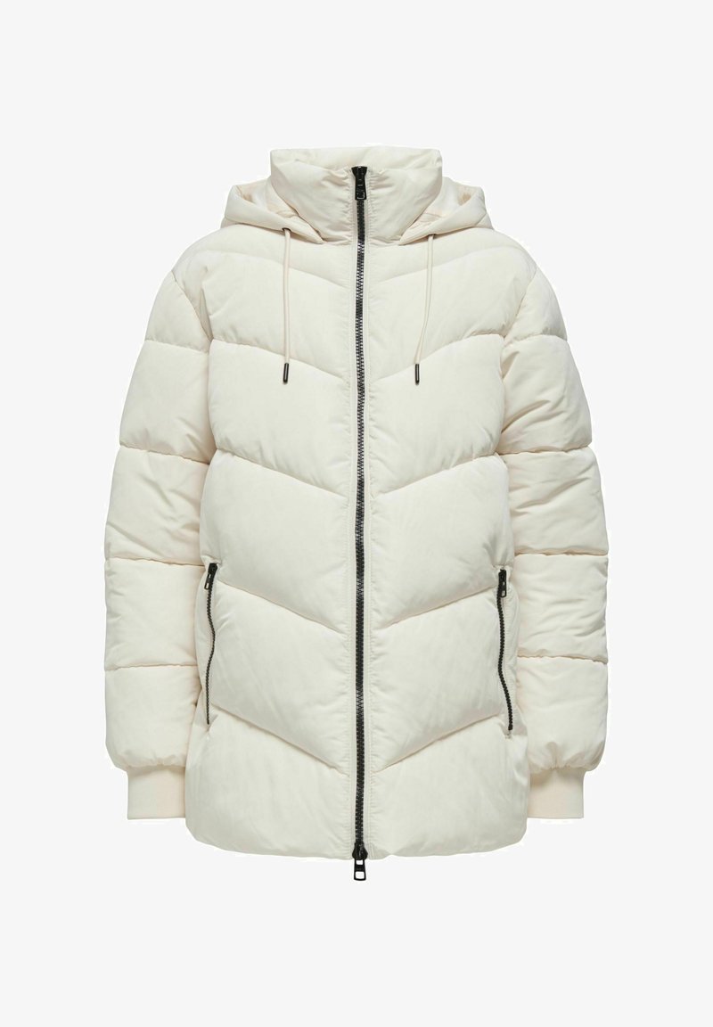 Doudoune blanche avec un motif en chevrons, fermeture éclair sur le devant, capuche ajustable et accents de fermeture éclair noirs sur les poches latérales. Matière douce et matelassée.