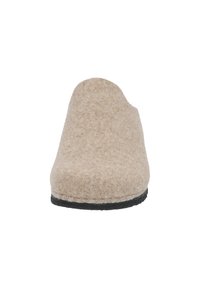 Beige felt slipper with a smooth texture, rounded shape, and black rubber sole, designed for comfort and ease of wear.