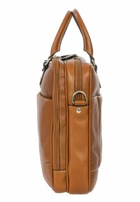 Braune Leder-Tote mit strukturiertem Finish, ausgestattet mit einem oberen Griff, doppelten Reißverschlüssen und einer Seitentasche mit einem Metallakzent.