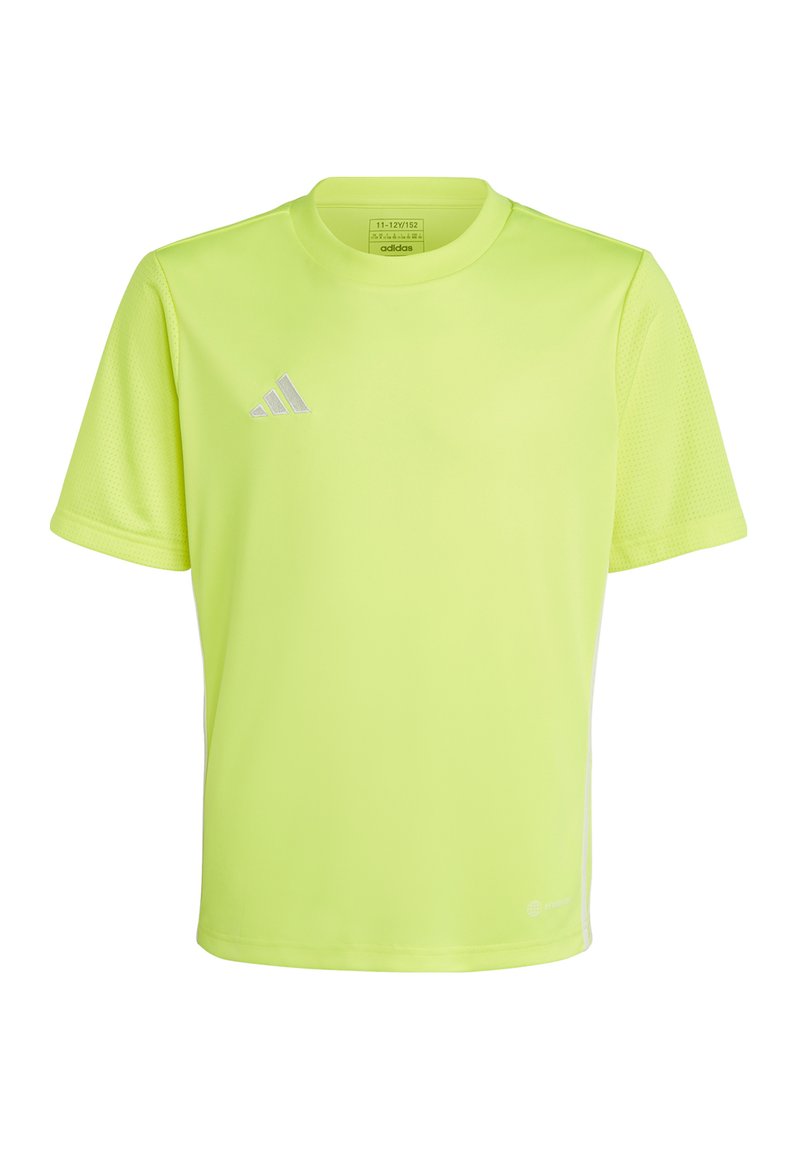 Korte mouw atletisch shirt in fel limoen groen met een ronde hals, voorzien van een textuurstof en een klein zilveren Adidas-logo.
