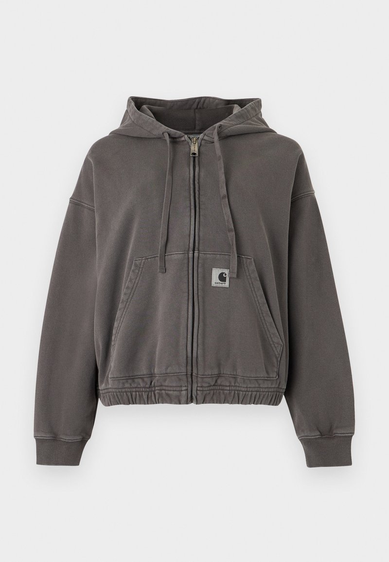 Felpa con cappuccio grigio scuro con zip, tasca a marsupio frontale, coulisse, polsini a costine, orlo elasticizzato e piccolo logo Carhartt sulla tasca.