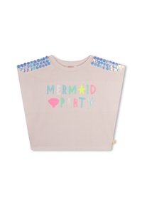 Light pink T-shirt with "MERMAID PARTY" text in colorful letters. Features shimmering blue sequins on the shoulders. Soft cotton material.